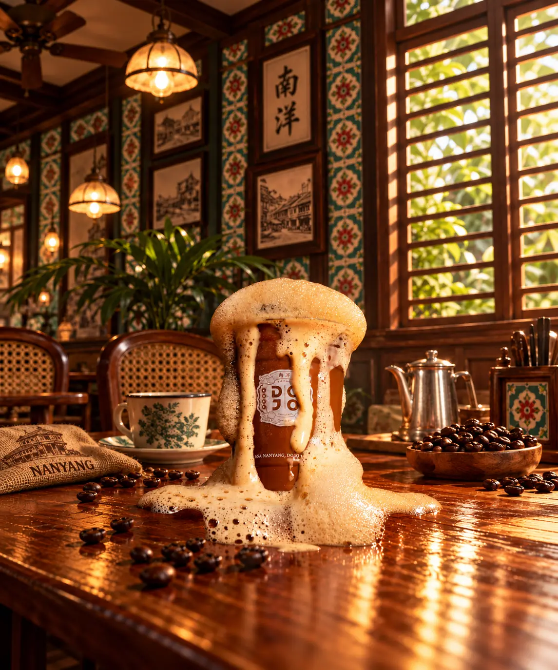 A Nanyang kopi glowing in warm light on a kopitiam table
