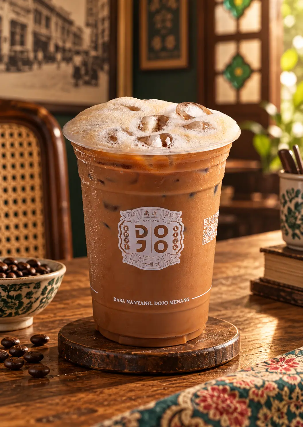 An iced Nanyang kopi in a DOJO cup