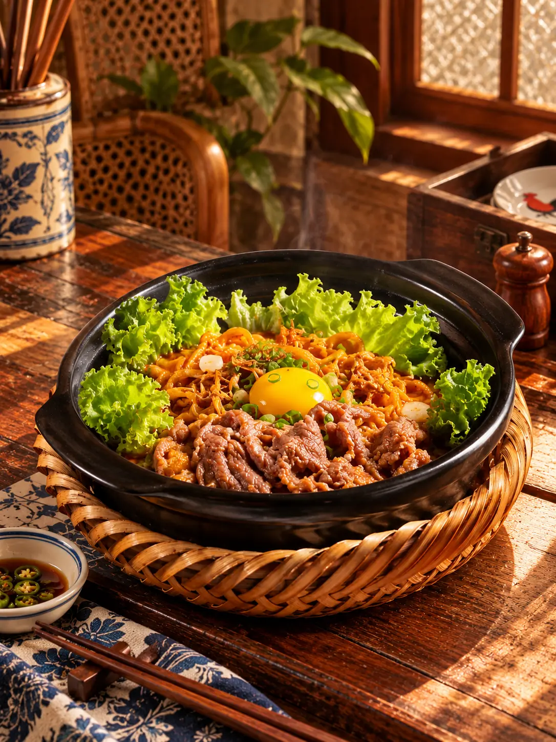 Claypot yee mee with beef and a raw egg yolk