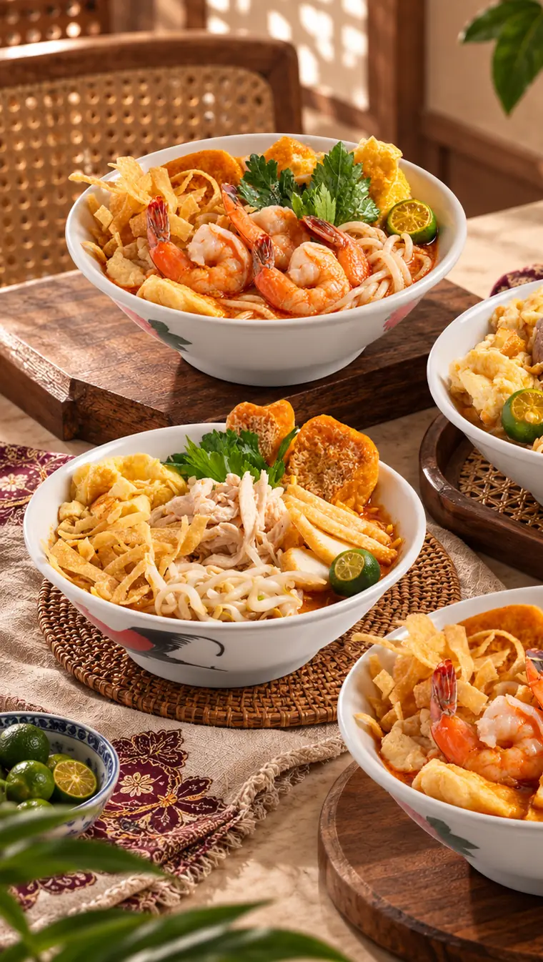 Bowls of Sarawak laksa with prawns and omelette strips
