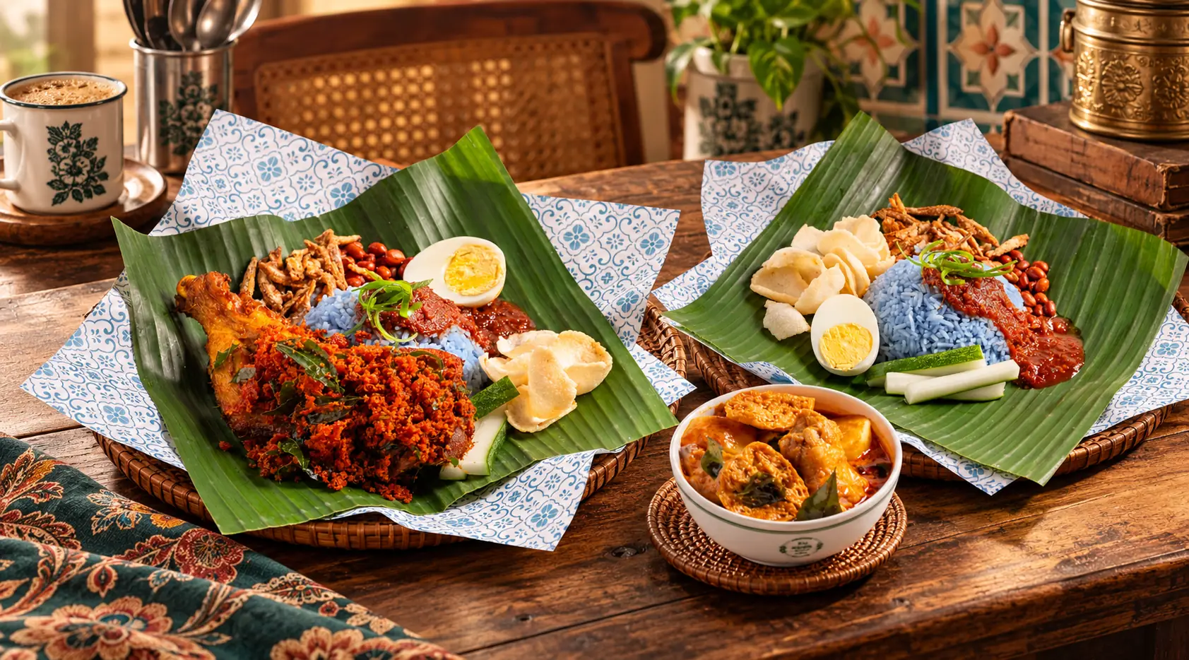 Blue nasi lemak with fried chicken, egg and sambal on banana leaves