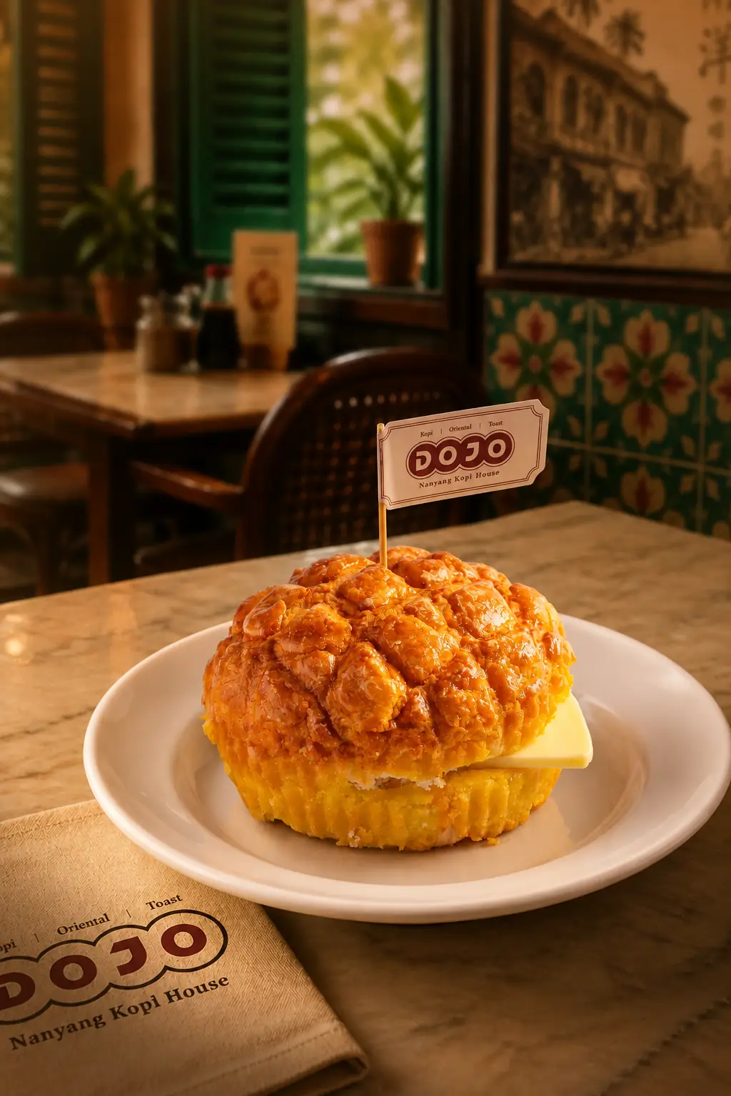 Golden polo bun with butter on a white plate