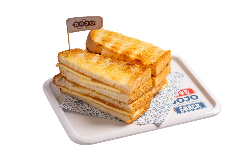 Kaya butter toast stacked on a DOJO tray